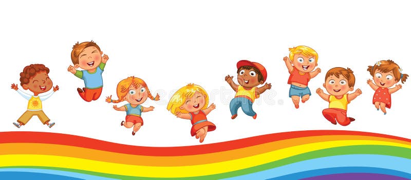 Happy kids cartoon playing with landscape rainbow Vector Image