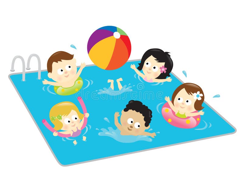 Illustrazione di bambini che giocano in piscina.
