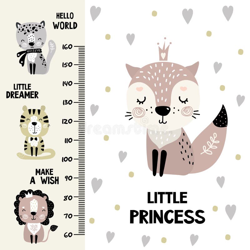 Kids height chart. Cute and funny doodle animals.Growth chart in scandinavian style. Poster template childish print