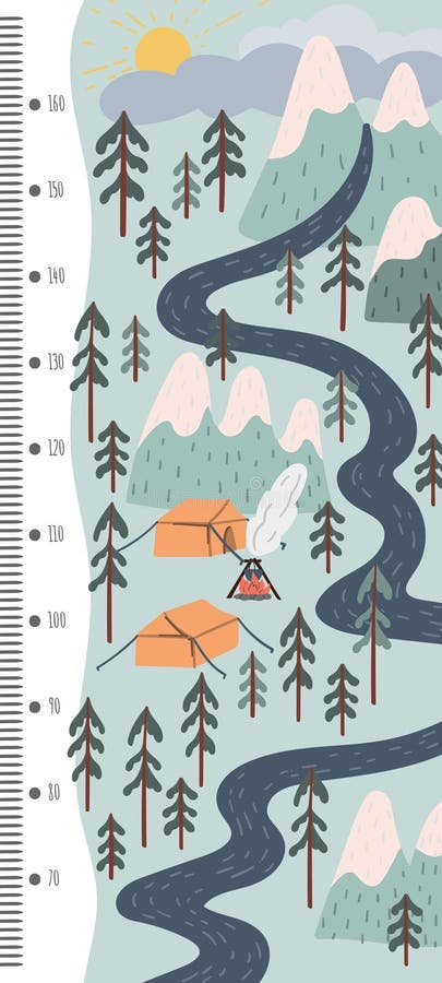 Kids height chart. Mountains and river, camp in the wood. Scandinavian style hand drawn doodle style illustration.