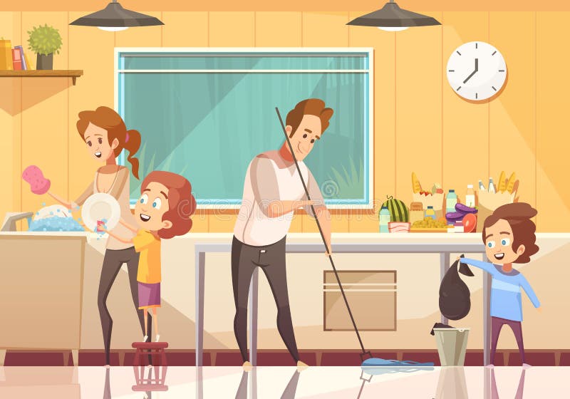 Kids Helping Cleaning Cartoon Poster