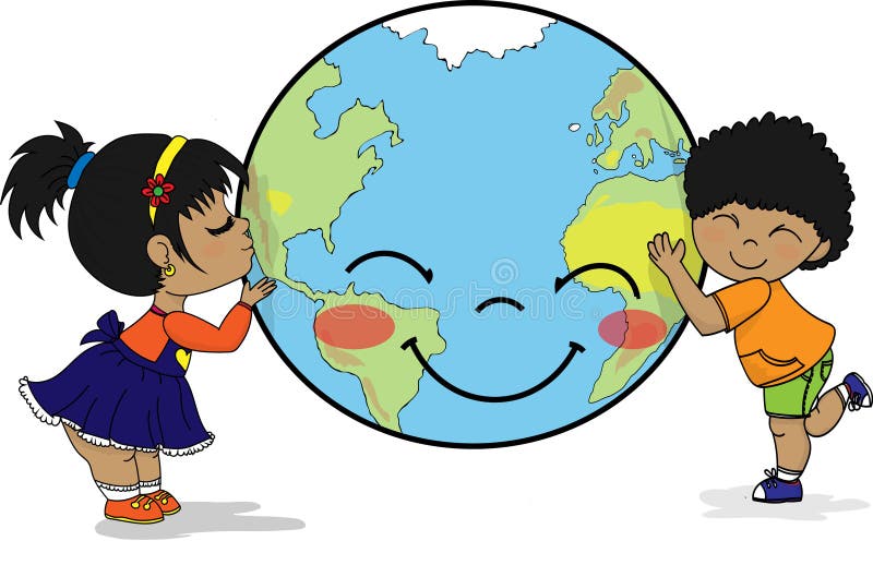 Kids hugging and kissing smiling planet Earth vector illustration Kids hugging and kissing smiling planet Earth vector illustration
