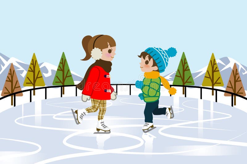 Kids Ice skating in nature royalty free illustration.
