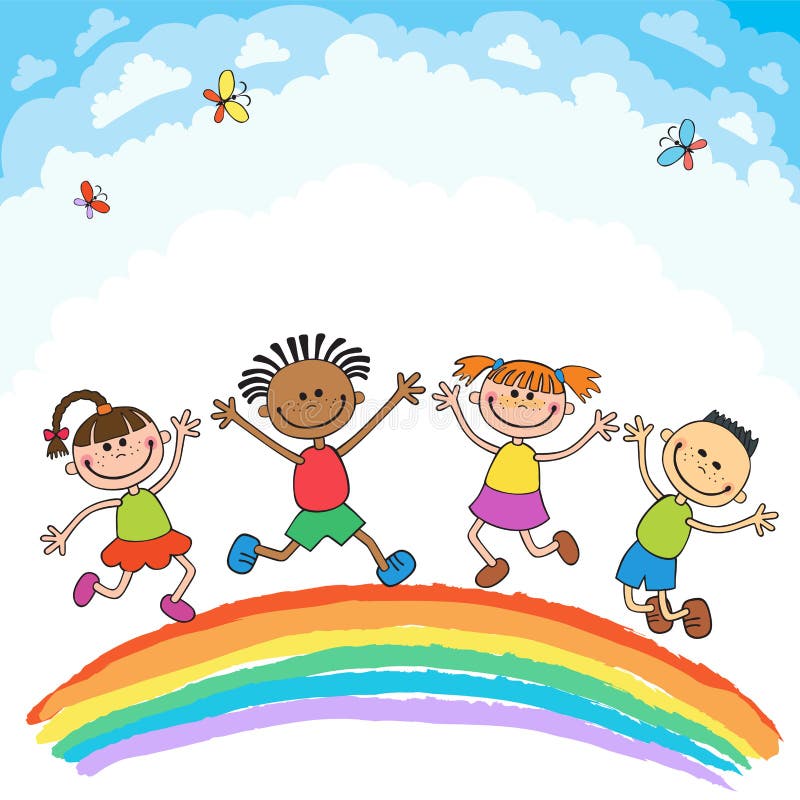Kids jumping with joy on a hill under rainbow, colorful cartoon vector illustration Kids jumping with joy on a hill under rainbow, colorful cartoon vector illustration