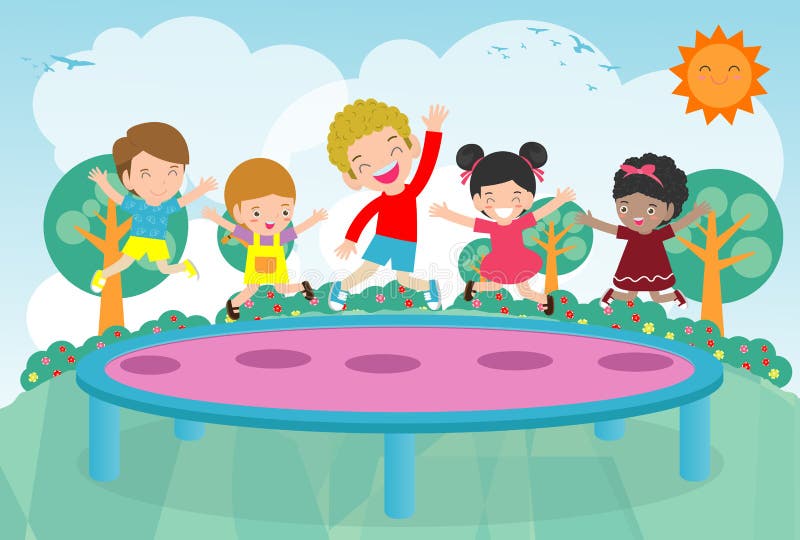 Kids Jumping on Trampoline. Child Practicing Different Sports and