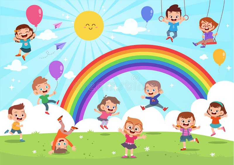 Kids jumping under rainbow colorful cartoon vector illustration Kids jumping under rainbow colorful cartoon vector illustration