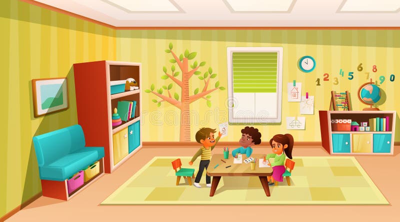 Kindergarten Or Kid Room Interior Vector Illustration Empty Cartoon  Background With Child Toys Tables And Drawer Boxes Modern Room With  Furniture Sunlight From Window And Toys For Kids Stock Illustration -  Download