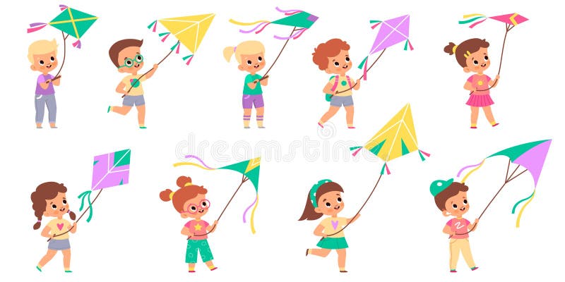 Kids with kites. Happy children fly color kite into sky collection, different colors design shapes, cute boys and girls