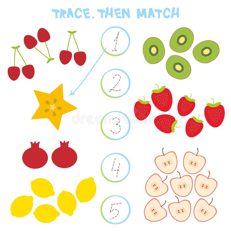 Kids learning number material 1 to 5. Trace. Then match. Cartoon Illustration of Education Counting Game for Preschool Children, c