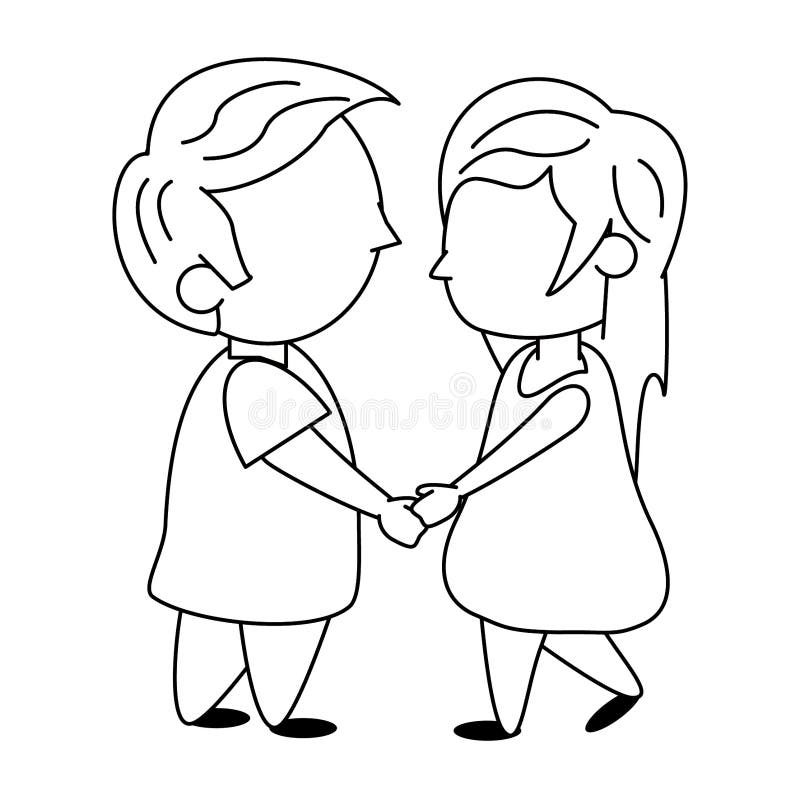 Kids in Love Cartoon in Black and White Stock Vector - Illustration of ...