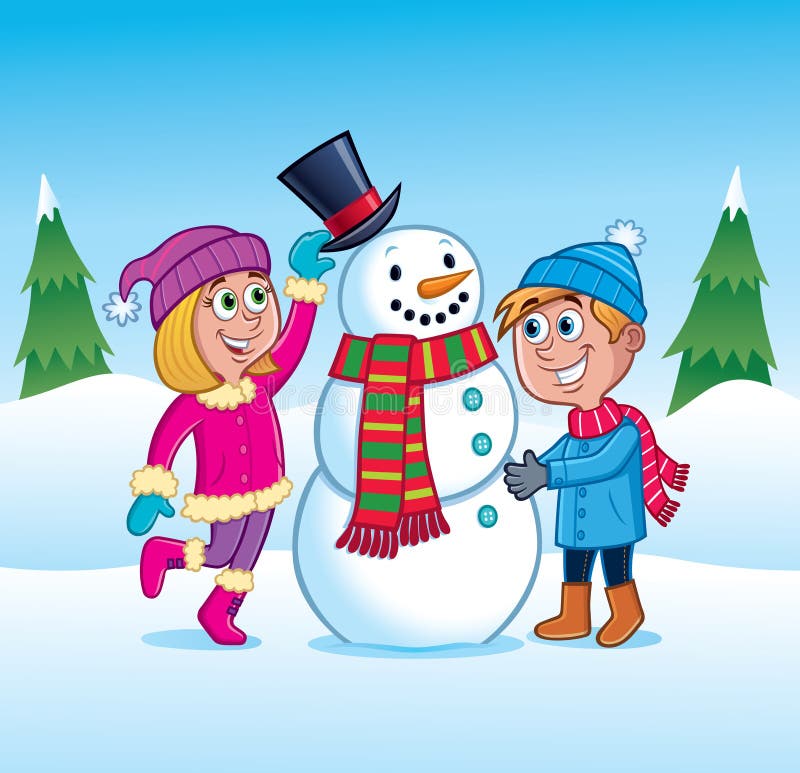 Kids Making a Snowman in the Snow Stock Illustration - Illus