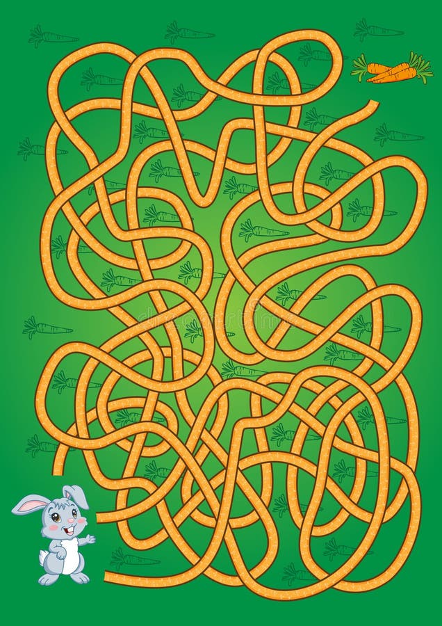 Cartoon maze for kids, cute bunny looking for carrot - game, riddle, logic task - vector image stock illustration