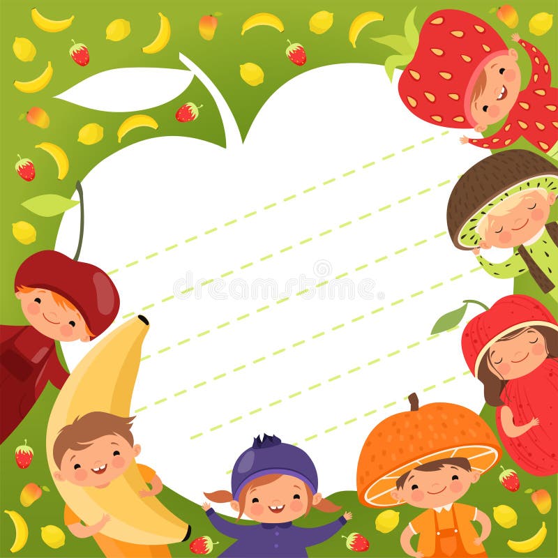 Kids Menu Template. Colored Background with Illustrations of Happy Children  in Fruit Costumes Stock Vector - Illustration of cherry, dress: 124683086