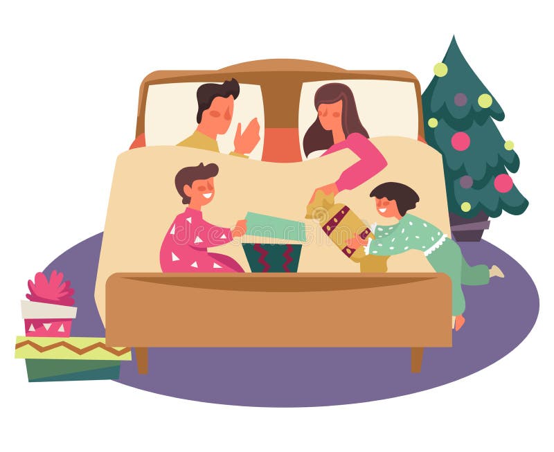 Kids Opening Christmas Presents In Pajamas While Parents Sleep Stock Vector  - Illustration of presents, opening: 160514957