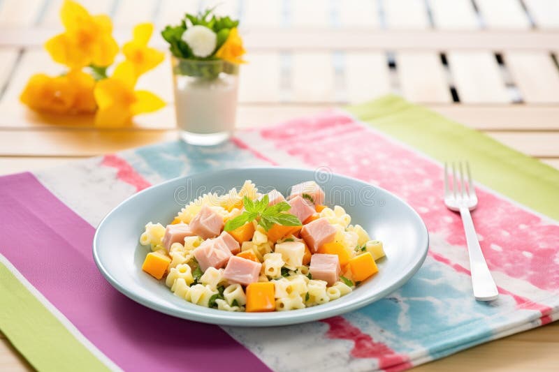 Kids Pasta Salad with Cheese Cubes and Ham, on a Bright Placemat Stock