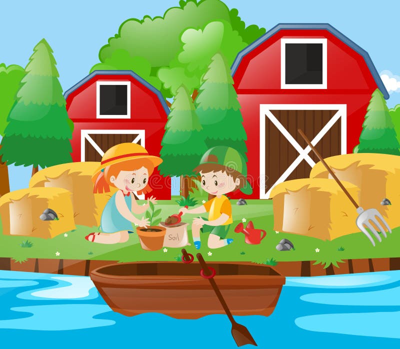 Kids planting tree in the farm vector illustration