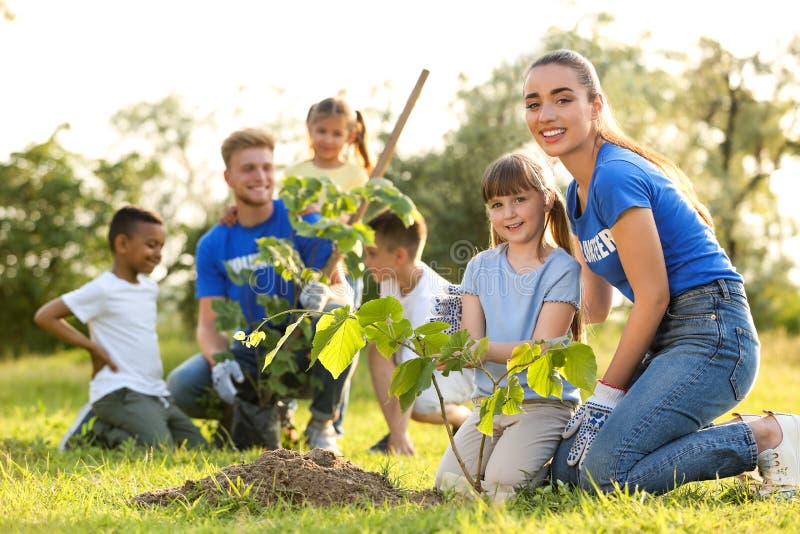 Kids Planting Trees with Volunteers Stock Photo - Image of kids ...