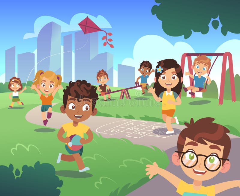 Kids playground. Play children nature outdoor preschool kid playing garden fun activity entertainment cartoon background stock illustration Kids playground. Play children nature outdoor preschool kid playing garden fun activity entertainment cartoon background stock illustration