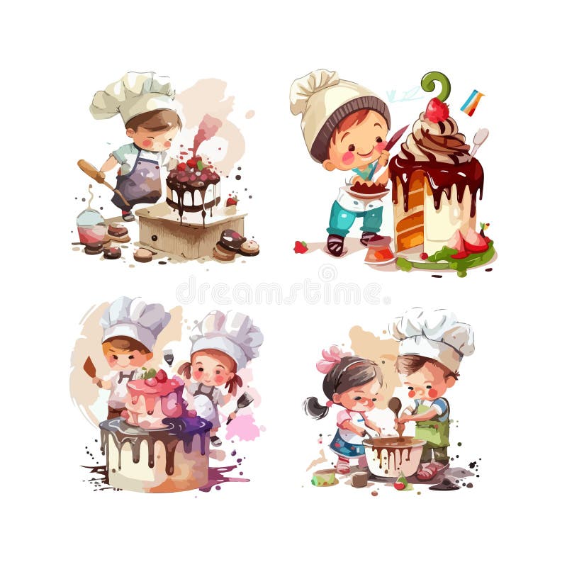 KIDS PLAYING AS CHEF MAKING BIRTHDAY CAKE CARTOON VECTOR Stock Vector