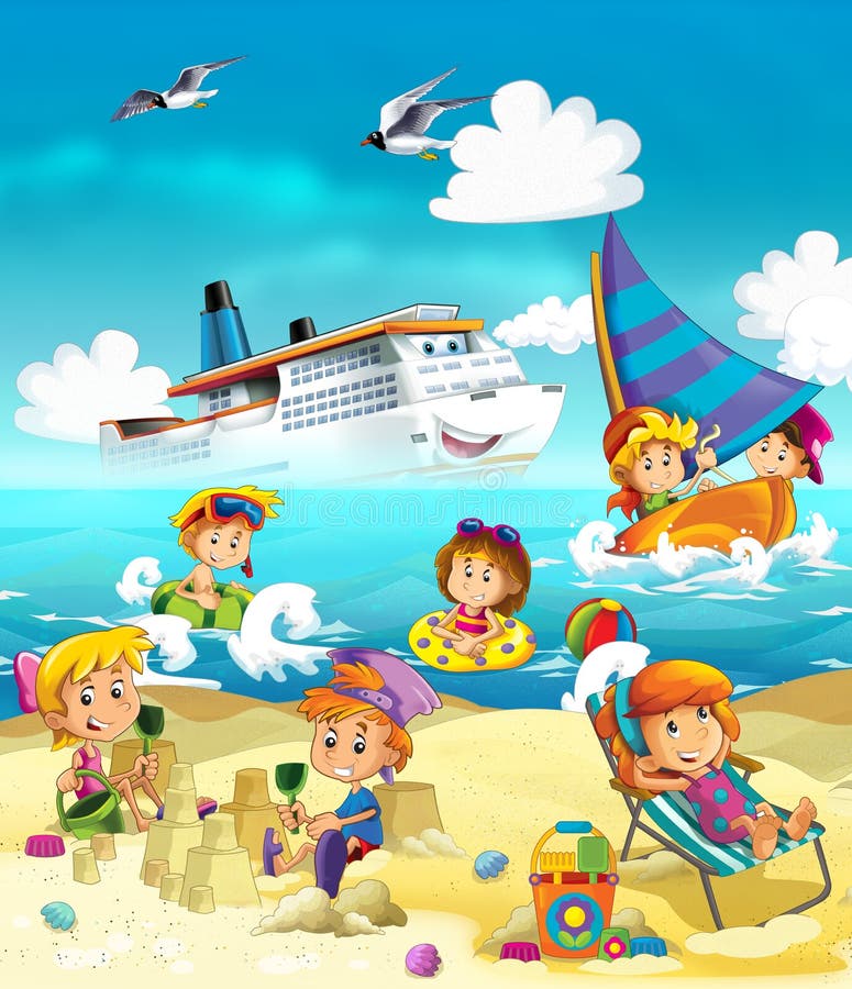 Kids  Playing At The Beach  Sea Stock Illustration 