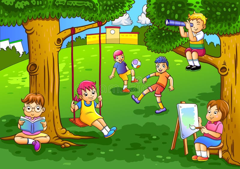 Illustration of a kids playing in the garden. Children playing garden vectors