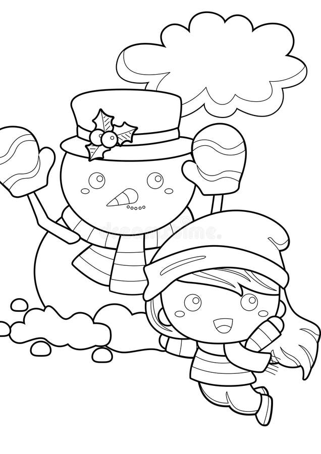 Cute Happy Little Boy and Girl Making Snowman on Christmas Holiday Cartoon Coloring  Set Pages for Kids and Adult - MasterBundles