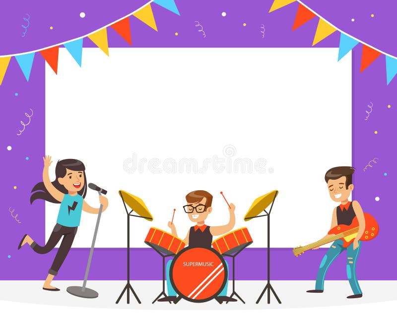 Kids Playing Music and Singing on Stage, Children Performing on Background  of Blank Banner Cartoon Vector Illustration Stock Illustration -  Illustration of musician, song: 207463699