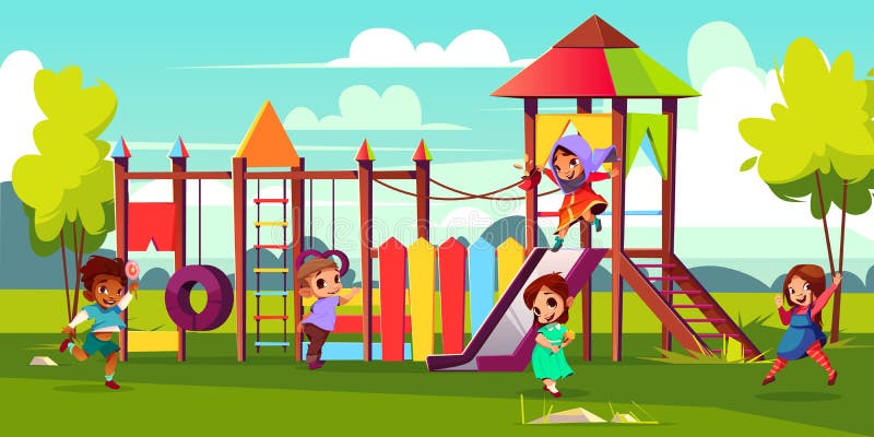 Kids playing on park playground cartoon vector