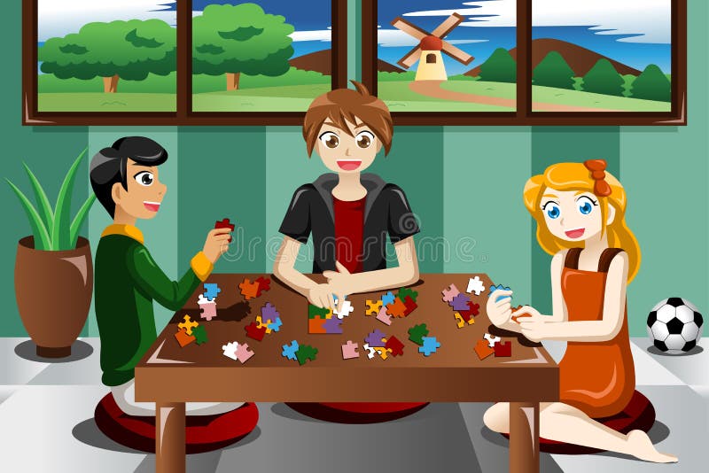 A vector illustration of kids playing puzzles