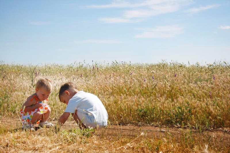 Kids playing on rural background