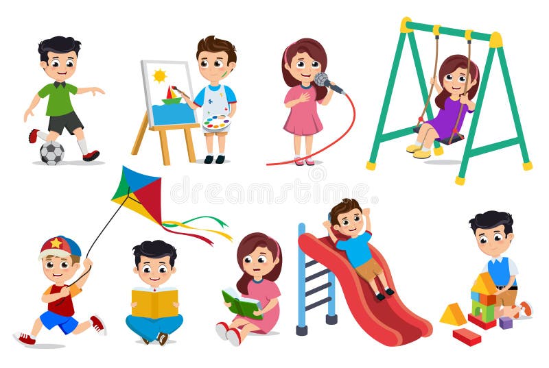 Kids playing vector characters set. Young boys and girls doing educational and school activities