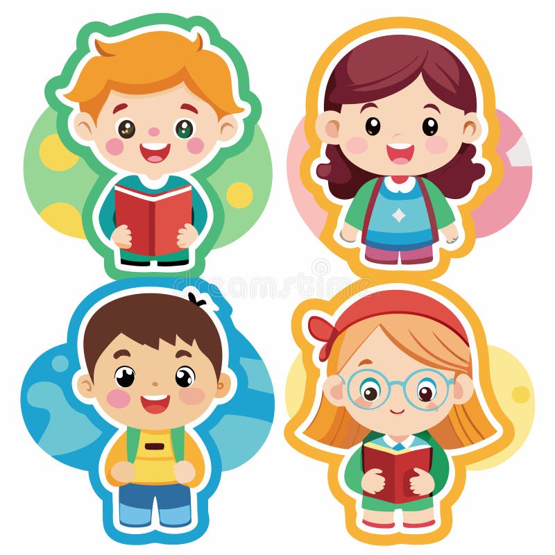 Kids read books. Four smiling children in bright colors holding books with patterned backgrounds royalty free illustration