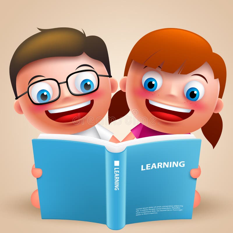 Kids reading book vector characters with happy smile for school