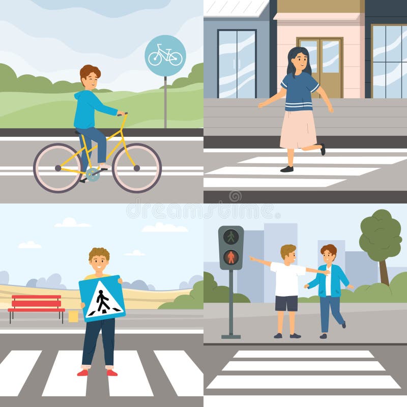 Children with traffic light and caution sign, road safety rules. Cartoon  school kid crossing street crosswalk. Pavement education vector set Stock  Vector Image & Art - Alamy