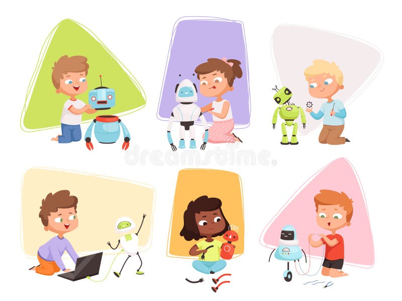 Kids and robots. Children programming coding smart toys repair research educational process future technology vector vector illustration