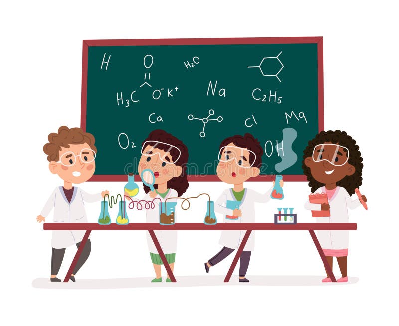 Kids science experiment in chemistry lab, children scientific research. Educational scientific activity for children