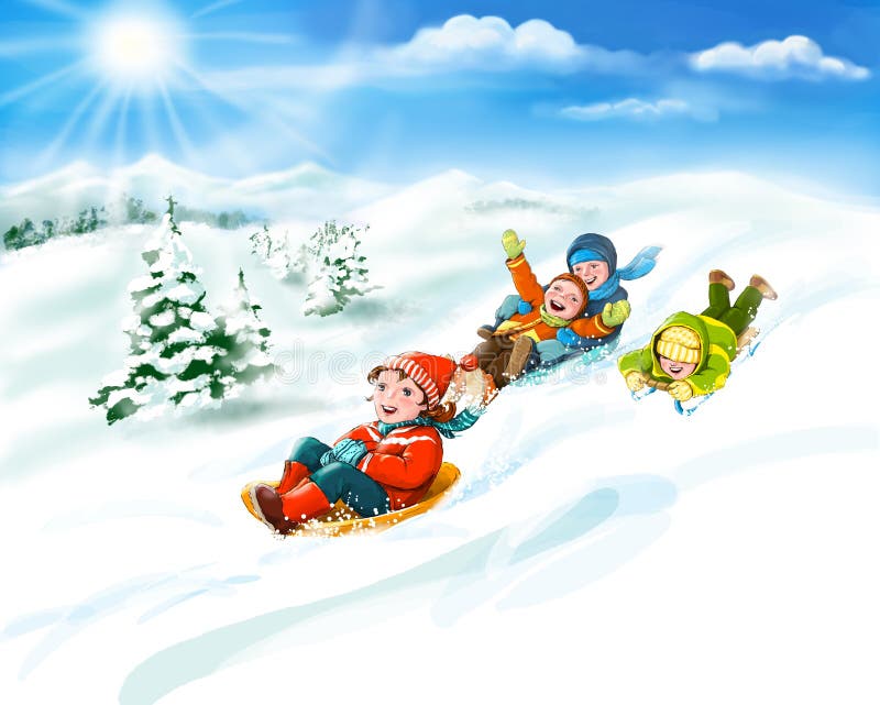 Kids With Sledges, Snow - Happy Winter Vacation Stock Illustration