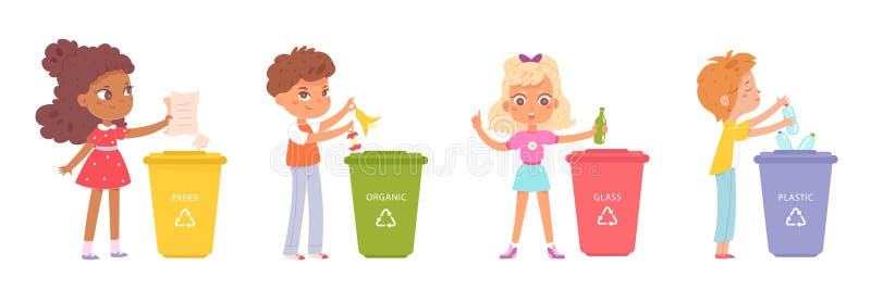 Kids Sorting Garbage To Trash Bins with Recycle Signs Set, Child Collecting  Waste Stock Vector - Illustration of dustbin, garbage: 240243404