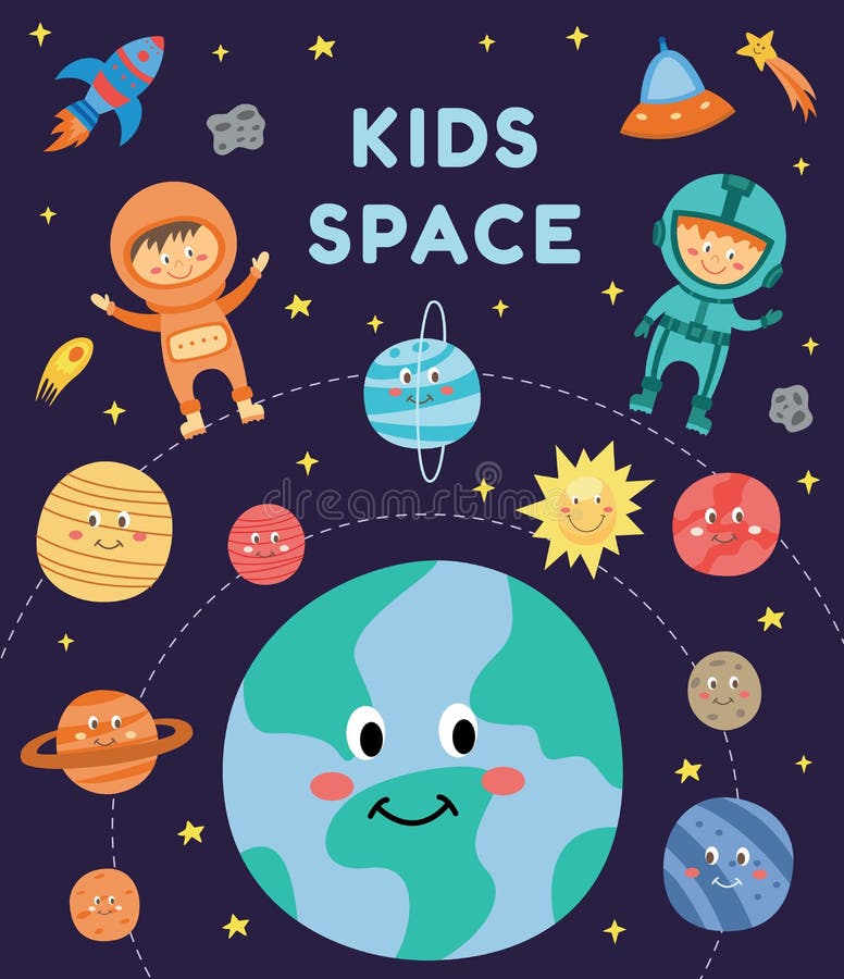 Kids in space - cute cartoon astronaut children in suits fluing among smiling planets and rocket stock illustration Kids in space - cute cartoon astronaut children in suits fluing among smiling planets and rocket stock illustration