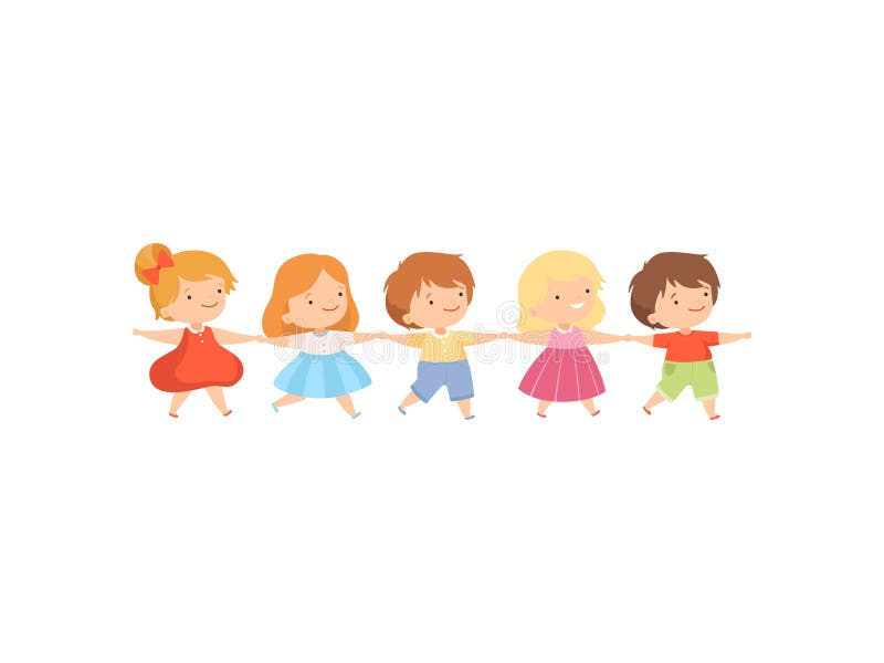 Kids Standing Together Holding Hands Cute Little Boys And Girls Cartoon Vector Illustration Stock Vector Illustration Of Cheerful Activity