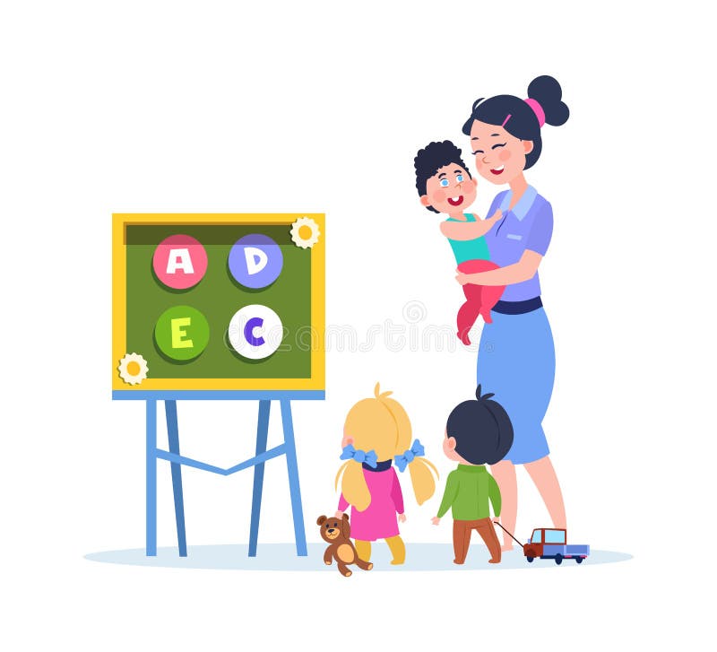 Kids study letters. Little babies in kindergarten with cute teacher. Preschool learning vector illustration stock illustration