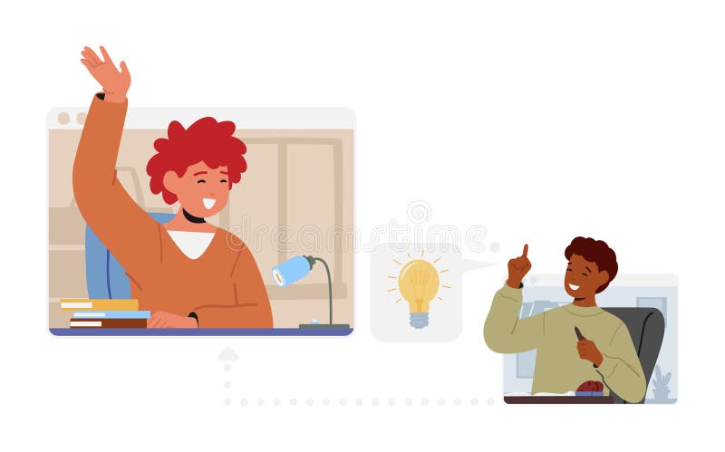 Kids Studying Remotely, Children Learn Classes at Home School, Web E-learning, Knowledge Concept with Schoolboys Characters on Computer Monitors. Cartoon People Vector Illustration