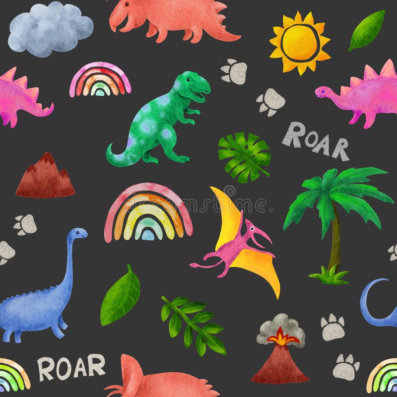 Kids style dinosaurs repeat pattern. Prehistoric fantastic dino, sun, palm trees, mountains. Watercolor seamless design stock illustration