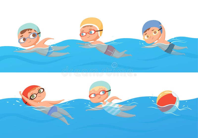Kids swimming. Happy children water sport in pool summer swimming classes vector collection set. Happy boy abd girl in pool, people swimmer illustration stock illustration Kids swimming. Happy children water sport in pool summer swimming classes vector collection set. Happy boy abd girl in pool, people swimmer illustration stock illustration