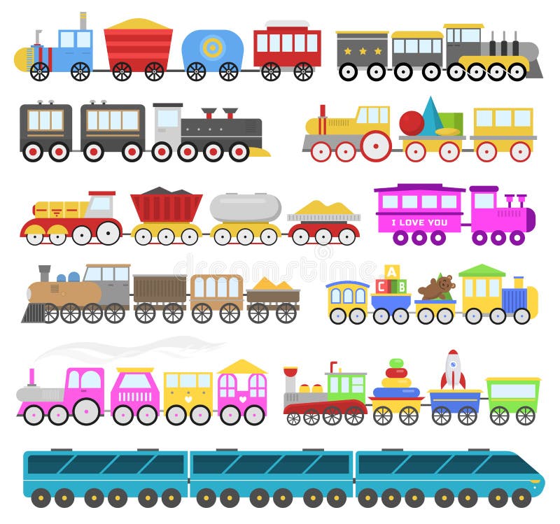 Kids train vector cartoon baby railroad toy or railway game with locomotive gifted on happy birthday to child in