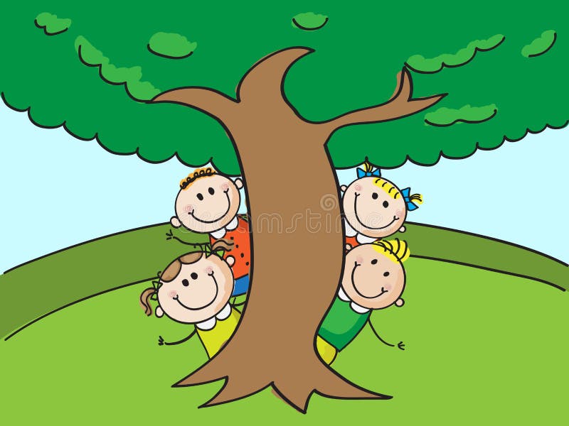 Kids Playing Hide And Seek Concealing Behind Tree And Bush Vector