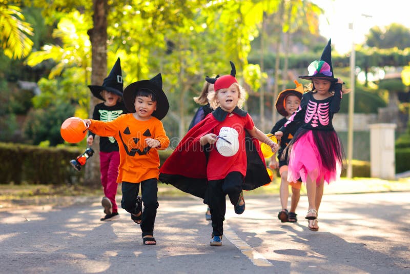Kids Trick or Treat. Halloween. Child at Door Stock Photo - Image of ...