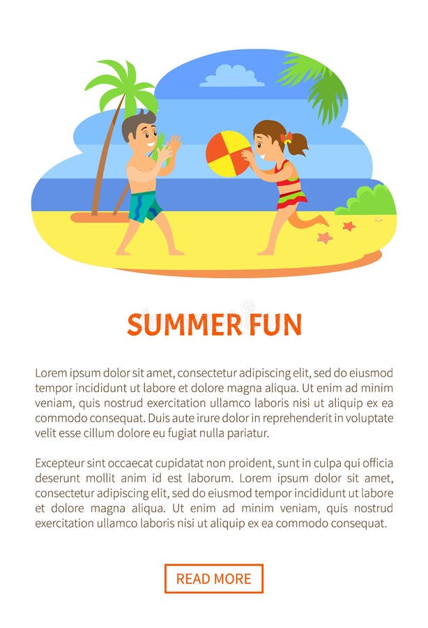 Summer fun, kids in swimsuits, playig beach game. Boy and girl throwing ball, children in swimwear vector, summertime and holidays on seaside, characters. Website or webpage template, landing page. Summer fun, kids in swimsuits, playig beach game. Boy and girl throwing ball, children in swimwear vector, summertime and holidays on seaside, characters. Website or webpage template, landing page