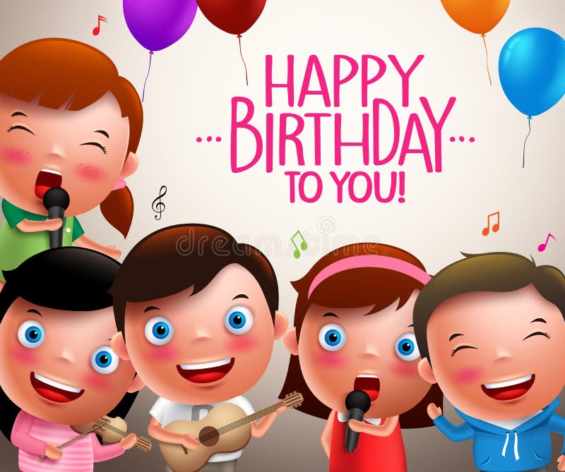 Kids Vector Characters Singing Happy Birthday and Happy Playing Musical