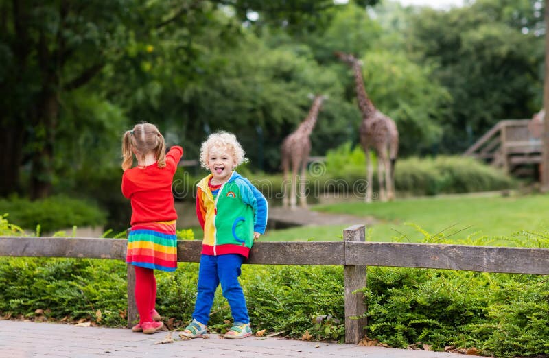 Kids watching giraffe at the zoo royalty free stock images Kids watching giraffe at the zoo royalty free stock images